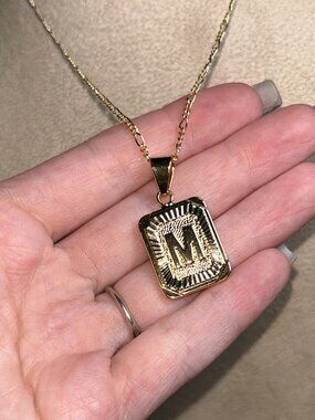 Bracha Gold Initial M Medallion Tag Pendant Necklace Figaro Chain
